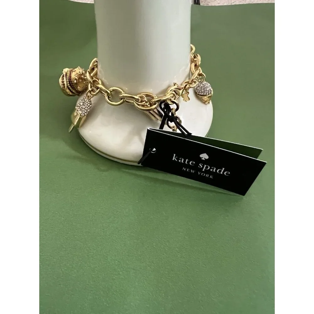 Kate Spade FAST FOOD CHARM 12-K Gold Plated Brass CZ Crystals Charm Bracelet NWT - Picture 5 of 6